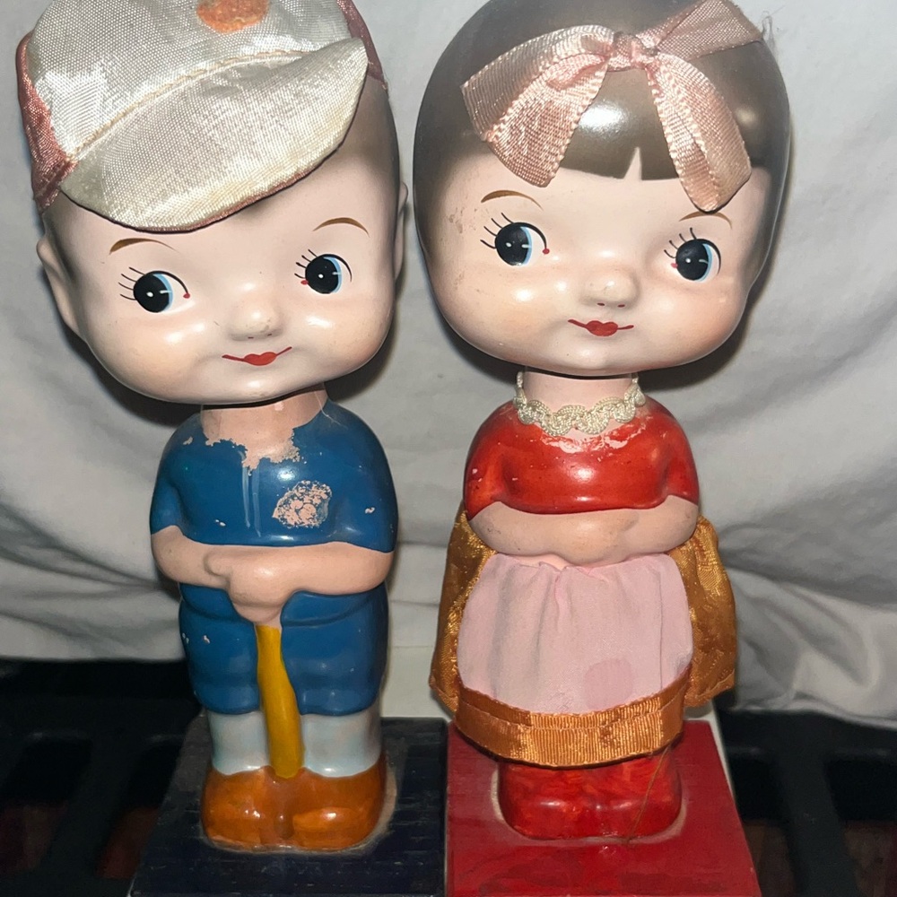 1950’s Handcrafted 8” Pair Of Bobbleheads Boy And Girl Kitsch Style Big Eyes